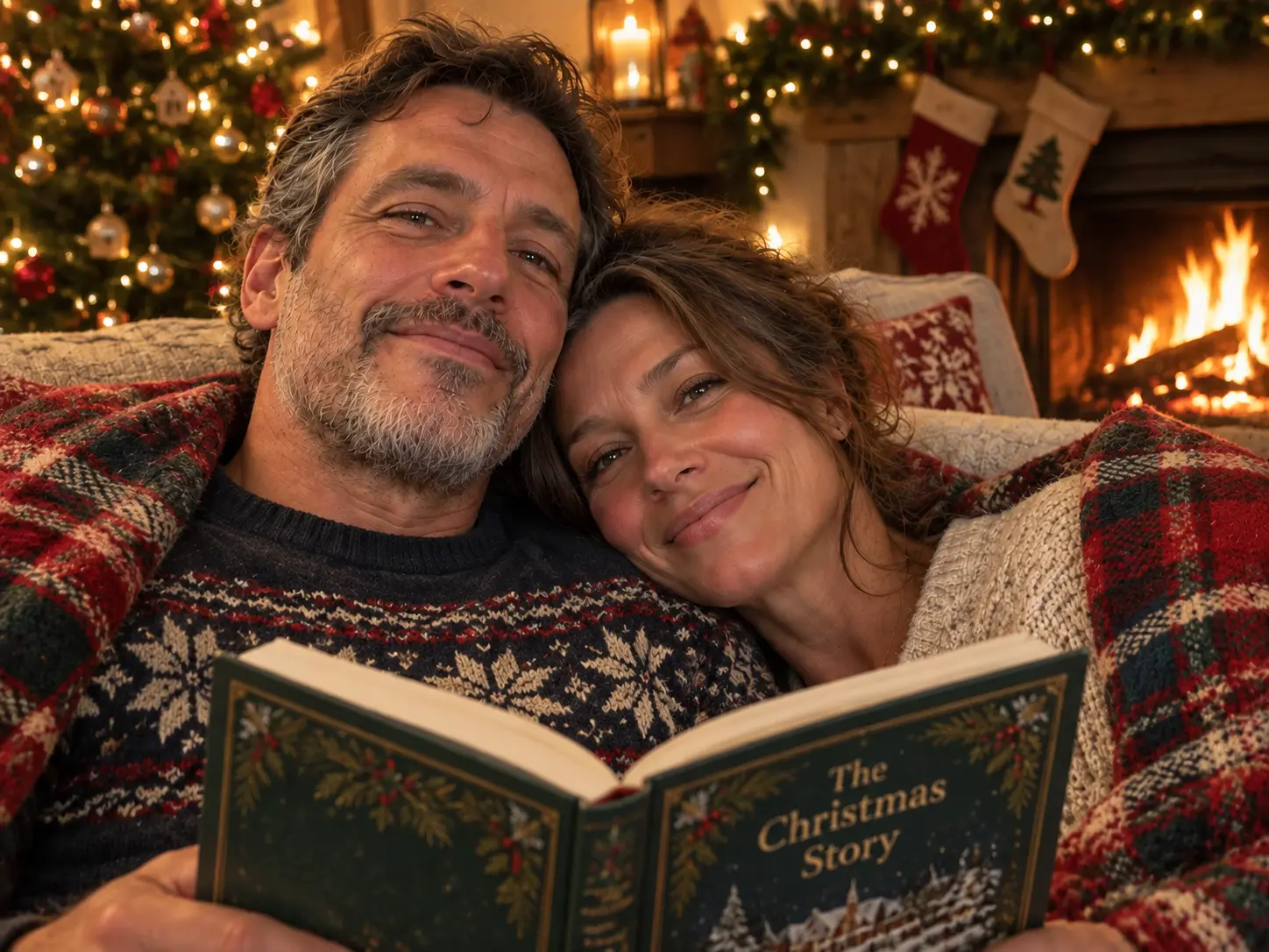 AI Christmas portrait of the same couple reading beside a Christmas tree and fireplace